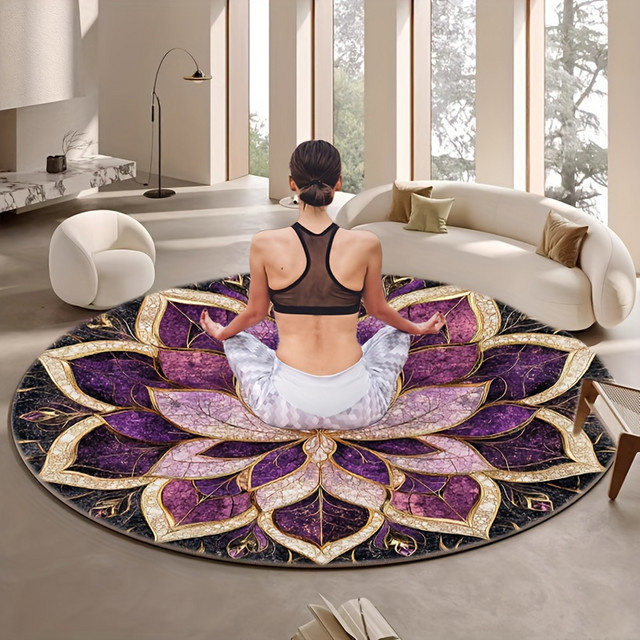 VIKAMA Mandala Lotus runder Teppich in Lila, rutschfest und waschbar, Boho Design für Schlafzimmer oder Yoga-Raum, Durchmesser: 60 cm - Bild 1