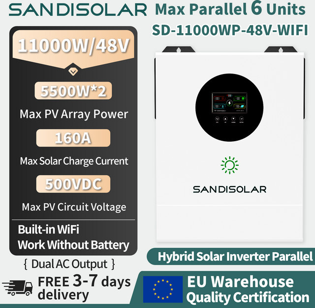 SANDISOLAR Hybrid-Solarwechselrichter 11 kW, 48 V, 6-fach parallel schaltbar, Weiß - Bild 1