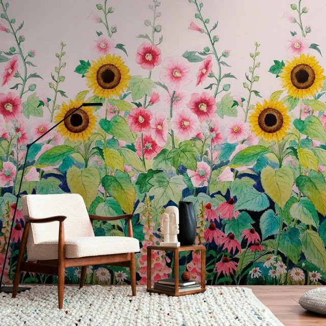 PROFHOME Fototapete Blumen Floral Matt B: 159 cm, H: 280 cm, Mehrfarbig (Rosa, Grün, Gelb, Blau) - Bild 1
