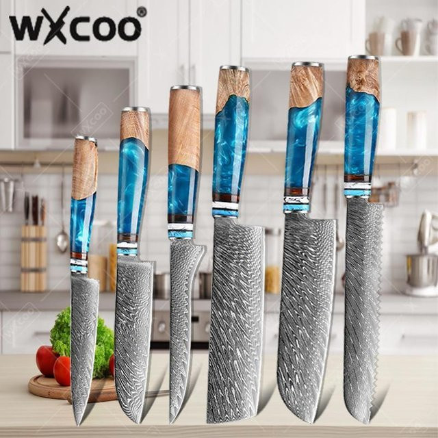 WXCOO Küchenmesser-Set aus VG10 Damaststahl mit blauem Harzgriff, bestehend aus Kochmesser, Obstschäler, Fleischbeil und Ausbeinmesser - Bild 1