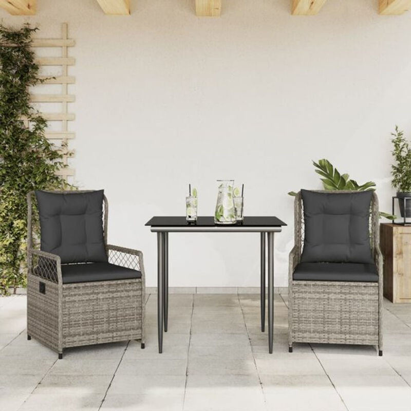 3-teilige moderne Garten-Essgruppe aus grauem Poly-Rattan mit Glasplatte und Kissen von vidaxl - Bild 1
