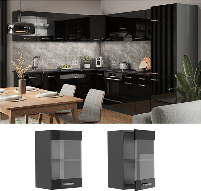 Vicco R-Line Küchen-Glashängeschrank mit Glastüren in Schwarz Anthrazit Hochglanz B/H/T: 40 x 60 x 31 cm - Bild 3