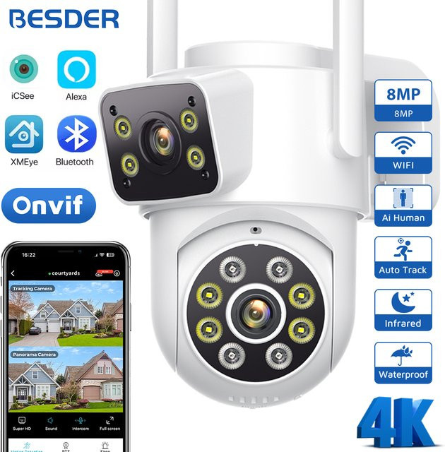 BESDER 4K 8MP PTZ IP Kamera Outdoor mit Dual Objektiv und Dual Bildschirmen, Wifi Sicherheit Überwachungskamera mit AI Auto Tracking, Weiß - Bild 1