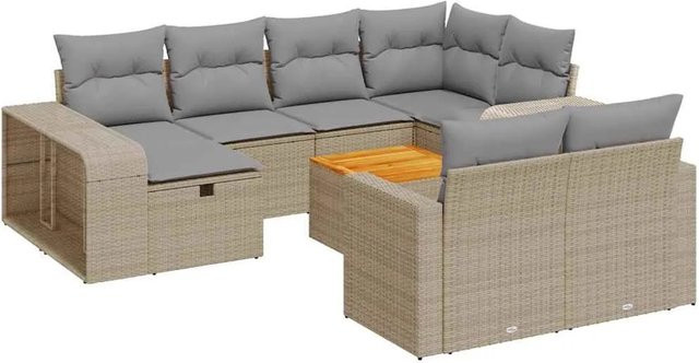 vidaXL 11-tlg. Garten-Sofagarnitur in L-Form aus Poly-Rattan mit Kissen und Couchtisch in Beige - Bild 1