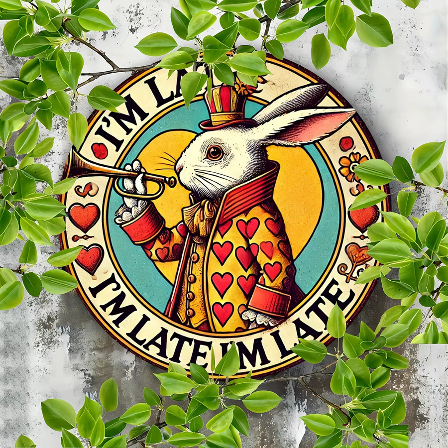 Potdemiel Vintage Kaninchen Metall-Wandkunstschild I'm Late I'm Late Rund, Mehrfarbig, Durchmesser: 20 cm - Bild 5