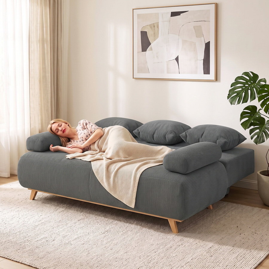 HOMCOM Schlafsofa 3-Sitzer mit Bettfunktion und Stauraum in Grau mit Cord-Optik und 5 Kissen, B/T: 188 x 140 cm - Bild 2