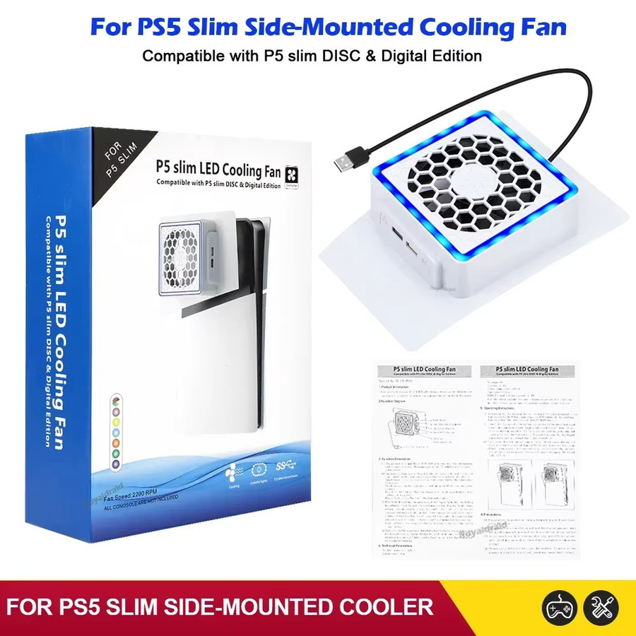 Royaldraid Seitlich montierter Kühllüfter für PS5 Slim mit LED-Licht und 2 USB-Anschlüssen in Weiß - Bild 2