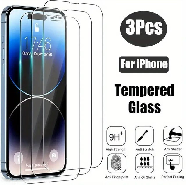 3er-Set Displayschutzfolie aus gehärtetem Glas für Apple iPhone 16 15 14 13 12 11 Pro Max Plus, transparent - Bild 1