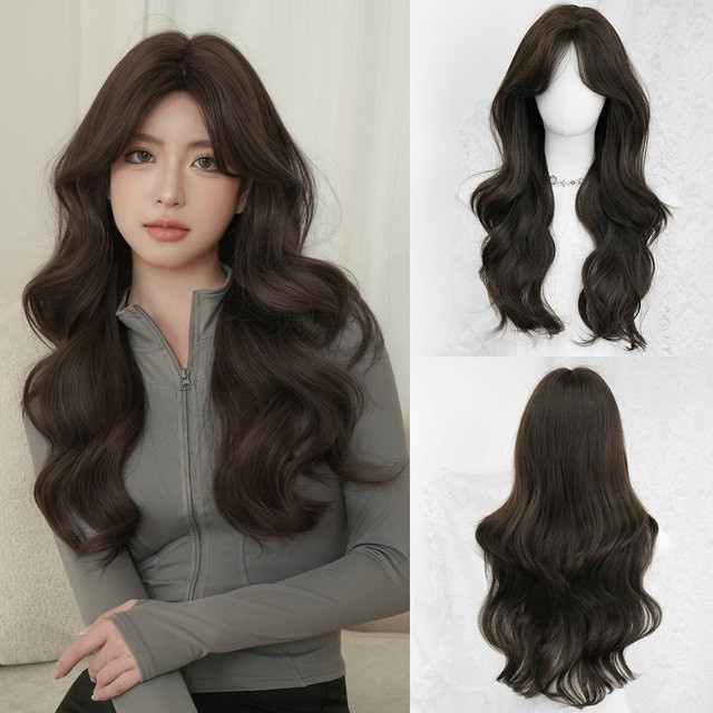 7JHH WIGS Perücke für Damen, lange gewellte dunkelbraune Haare, mit Mittelscheitel und Vorhangfransen - Bild 1