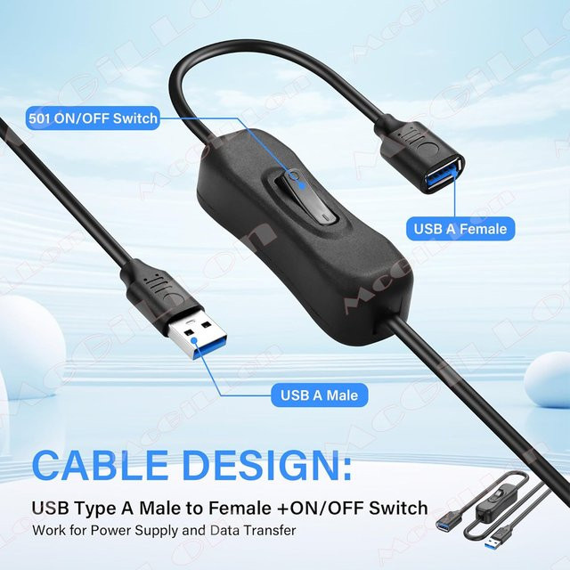MCGILLON USB 3.0 Verlängerungskabel mit EIN/AUS-Schalter, Schwarz, USB-A auf USB-A - Bild 1