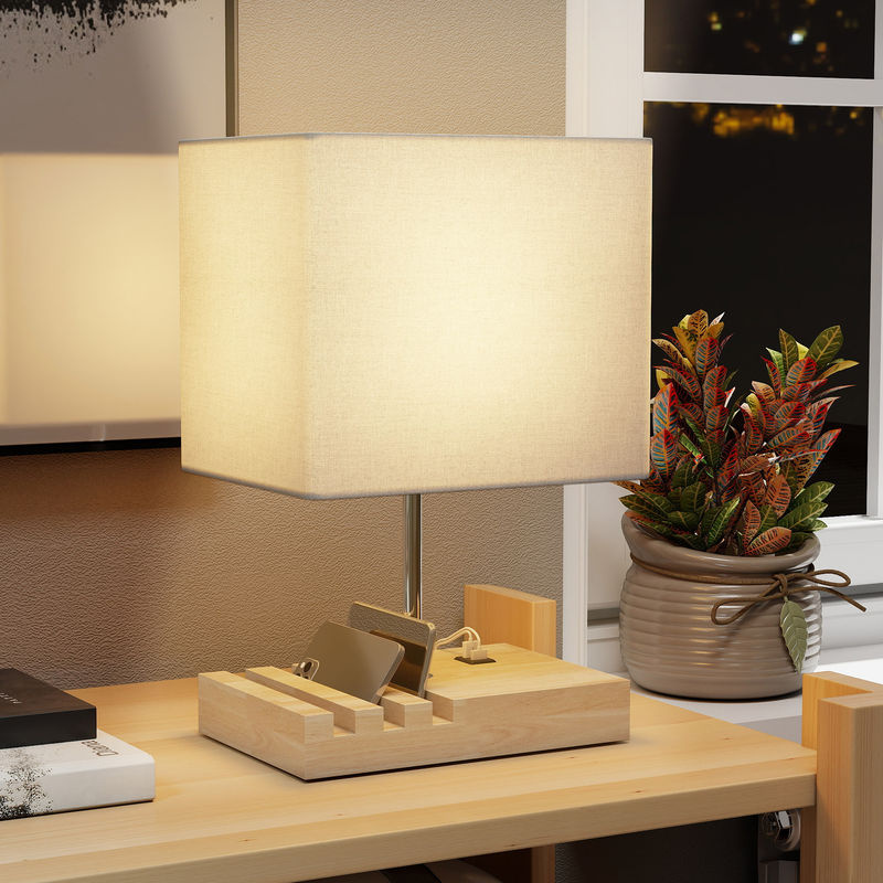 HOMCOM Tischlampe mit Massivholzfuß und Stoffschirm in Weiß und Beige, Schreibtischlampe mit E27-Fassung, USB-A und USB-C Ladeanschlüssen sowie Handyhaltern für Schlafzimmer und Wohnzimmer - Bild 2