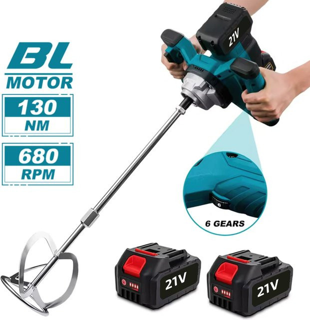 Betuyoo Bürstenloser Akku-Betonmischer mit 6 Geschwindigkeiten und 130NM Drehmoment, M14 Schaft, Rot, Kompatibel mit Makita 18V Akku - Bild 1