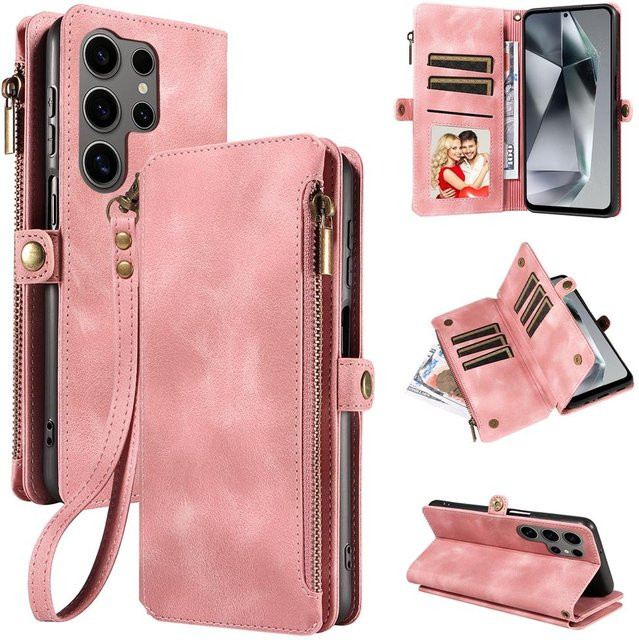 Lederhülle mit Reißverschluss und Riemen für Samsung Galaxy S26 S25 S24 S23 S22 S21 FE in Pink mit Kartenfach und Geldtasche - Bild 1