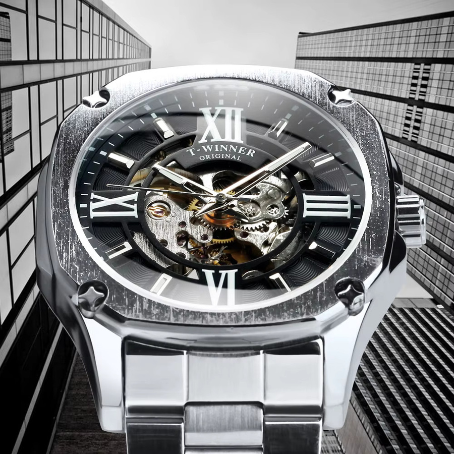 GEWINNER Armbanduhr, Automatik, Edelstahl, Eckig, Schwarz, Herren - Bild 3