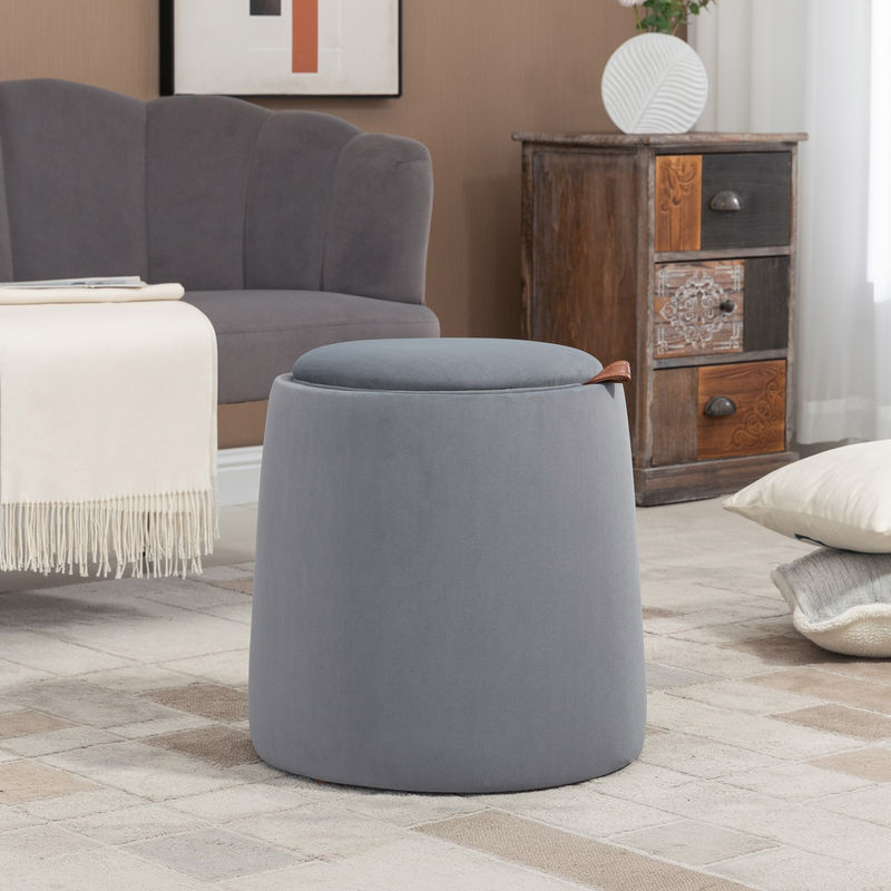 HOMCOM 2-in-1 Ottomane runder Sitzhocker mit Stauraum und abnehmbarem Deckel in Grau Samtoptik, Durchmesser: 44 cm, Höhe: 47,5 cm - Bild 2