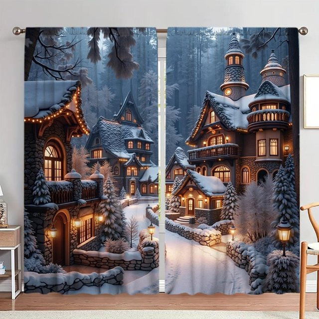 2er-Set Winterstadt Schneelandschaft Vorhang mit Grafikdruck in Grau, halbtransparent, B: 52,5 cm, H: 116 cm - Bild 1