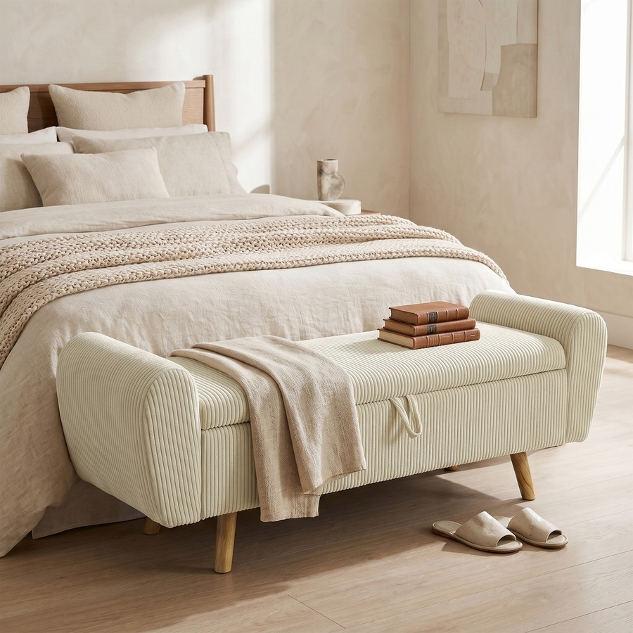 HOMCOM Sitzbank mit Stauraum in Beige mit Cord-Optik, gerollten Armlehnen und Holzfüßen, B/T/H: 150 x 45 x 51 cm - Bild 2