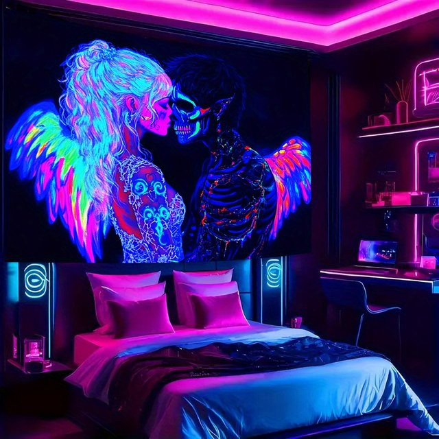 VIKAMA Wandteppich Totenkopf in Neongelb, Textil-Wandbehang für Gaming-Zimmer und Party-Dekoration, Breite: 60 cm, Höhe: 40 cm - Bild 1