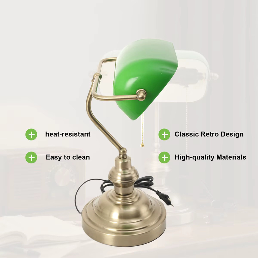 Moderne Banker-Schreibtischlampe in Grün mit Reißverschluss-Schalter und Messing-Details für Büro und Zuhause - Bild 5