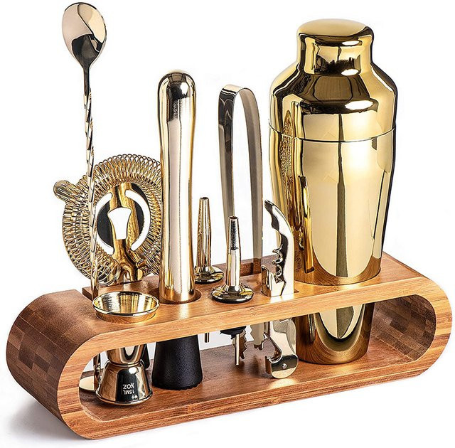 Cocktail Bar Set Mixology Bartender Kit von cocktailgeek, 10-teiliges Bar Werkzeug Set mit stilvollem Bambusständer in Gold, Silber oder Braun - Bild 1