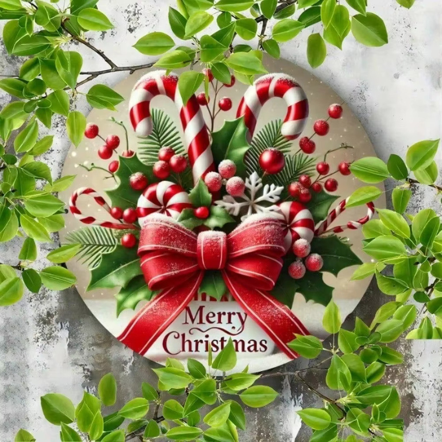 HELLOYOUNG Weihnachts-Blechschild mit Zuckerstangen-Design, runde Metall-Wanddekoration in Rot für dein Zuhause oder Café - Bild 4
