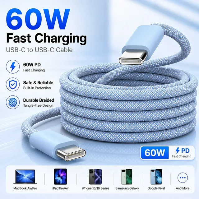 Parallel World USB-C zu USB-C PD Schnellladekabel 60W, geflochtenes Ladekabel in Weiß und Blau für iPhone 15 16, iPad, MacBook Air und Samsung - Bild 1