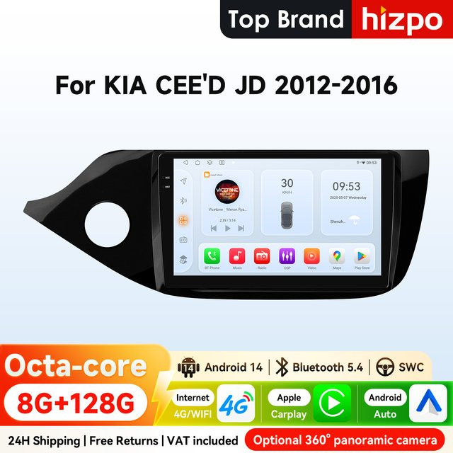 Hizpo 2Din Android Autoradio für Kia Ceed JD 2012 - 2018 mit 9 Zoll Display, Snapdragon 6115, Bluetooth, 4G, CarPlay, GPS und DSP, Schwarz - Bild 1