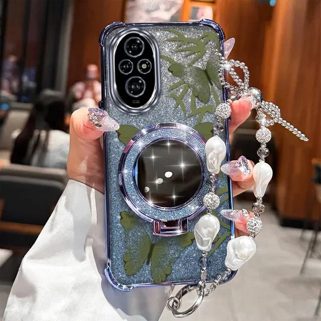 Handyhülle mit grünem Schmetterlingsmuster und Lanyard für Honor 200 Lite, 400, 400 Pro, 90, X6A, X6C, X9A, X9B, X8B, X8C, X7A und Magic6Pro inklusive Ständer - Bild 1