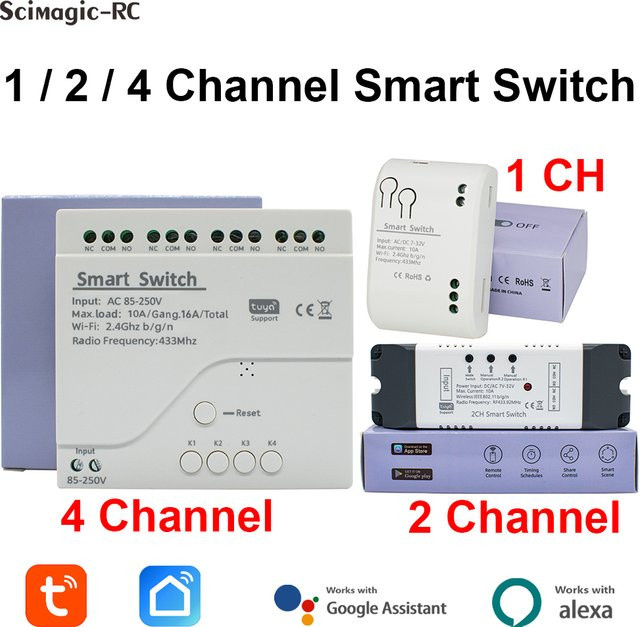 TUYA WiFi Smart Switch Licht und Garagentor Controller mit RF433 Empfänger, 1/2/4 Kanal, Weiß, kompatibel mit Alexa und Google Home - Bild 1