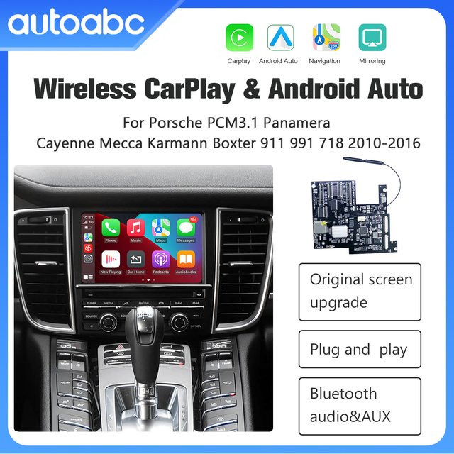 AUTOABC Drahtloses CarPlay und Android Auto Interface für Porsche PCM 3.1 Panamera Macan Cayenne Taycan Boxster 911 991 718 in Schwarz mit Rückfahrkamera-Unterstützung und AirPlay - Bild 1