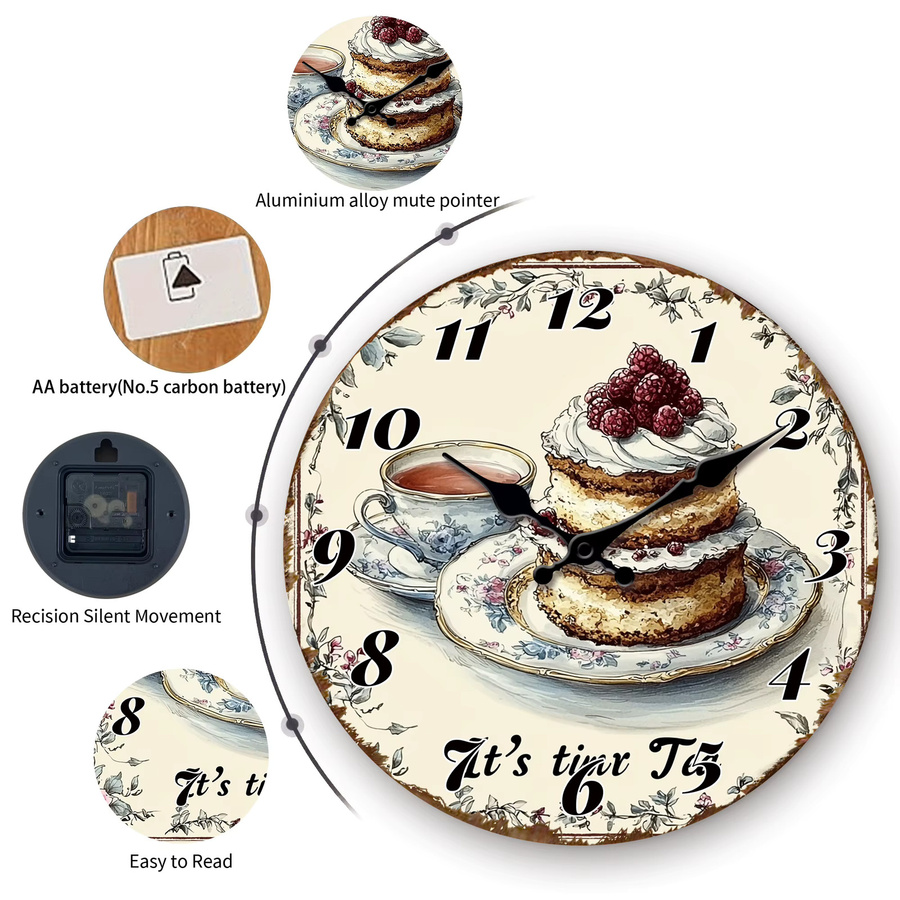 Vintage Tea Time Cake Runde Wanduhr mit Dessert-Illustration und leisem Quarzwerk in Multicolour - Bild 3