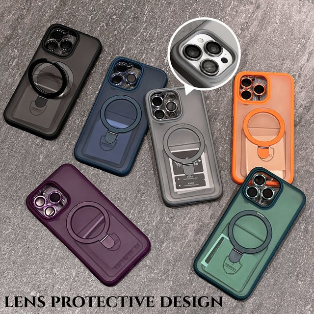 Durchscheinende iPhone 15 Pro Max Handyhülle mit Klapphalterung, kabellosem Laden und Objektivschutz in Beige oder Purple - Bild 1