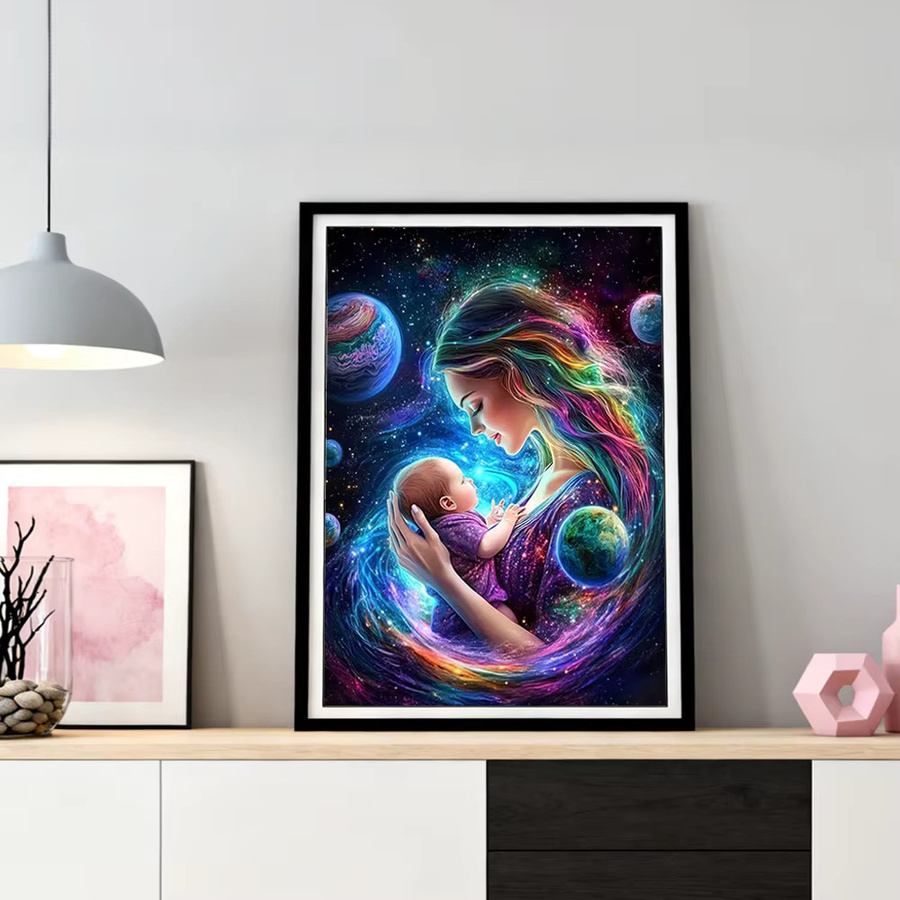 HUACAN Diamantmalerei Mutter und Baby mit Sternenhimmel und Universum, Mosaik 5D Wanddekoration, Rund, Mehrfarbig, Durchmesser: 30 cm - Bild 3