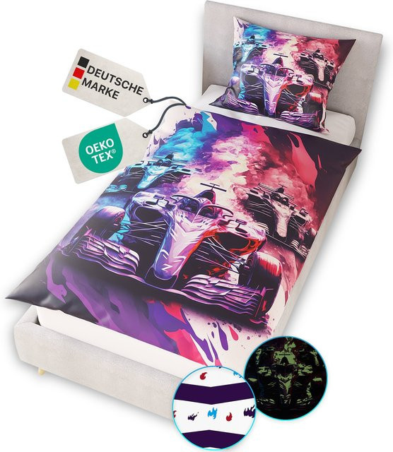 NYVI Renforce Kinderbettwäsche Glow in the Dark aus 100% Baumwolle mit Rennautos Motiv, Wendemuster und Reißverschluss, Farbe: Multicolour, B/H: 135 x 200 cm - Bild 1