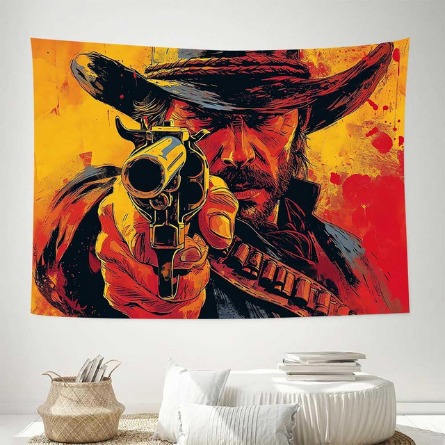 VIKAMA Western Gunslinger Wandteppich im Retro-Ölgemälde-Stil, Mehrfarbiger Wandbehang für Wohnzimmer und Kinderzimmer - Bild 1