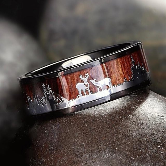 YIRAN Edelstahlring, Schwarz, Koa-Holz Inlay, Unisex - Bild 1