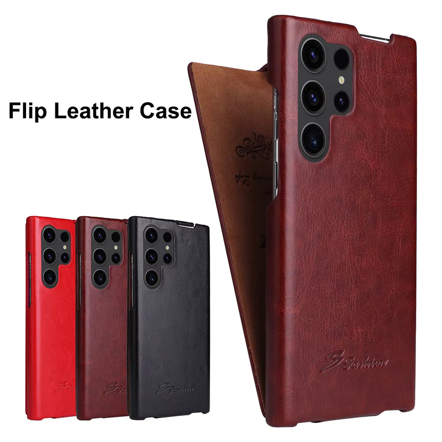 Vertikale Flip Ledertasche für Samsung Galaxy S26 S25 S24 S23 Ultra Plus in Schwarz oder Braun mit matter Hard Shell im Vintage-Design - Bild 2