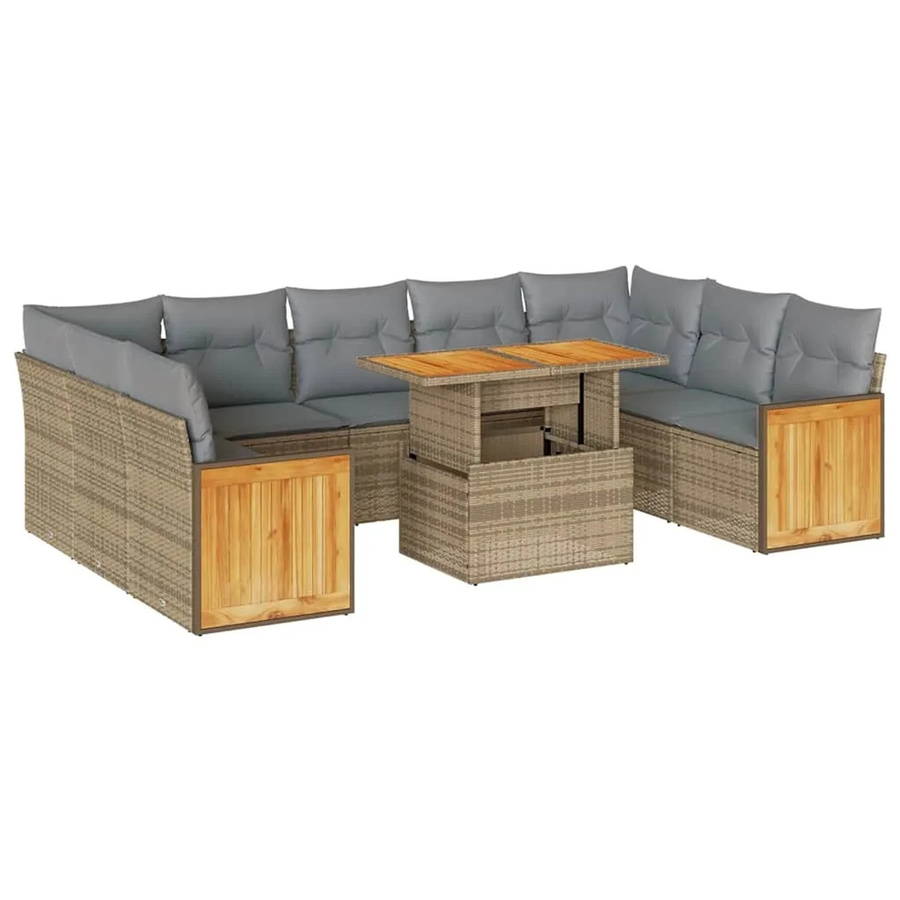 vidaXL 10-teilige Garten-Sofagarnitur in L-Form aus Polyrattan und Akazienholz mit Kissen in Beige-Grau - Bild 2