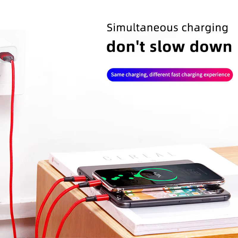 ZHUJI 3 in 1 Schnellladekabel mit USB-C, Micro-USB und Lightning in Blau - Bild 2