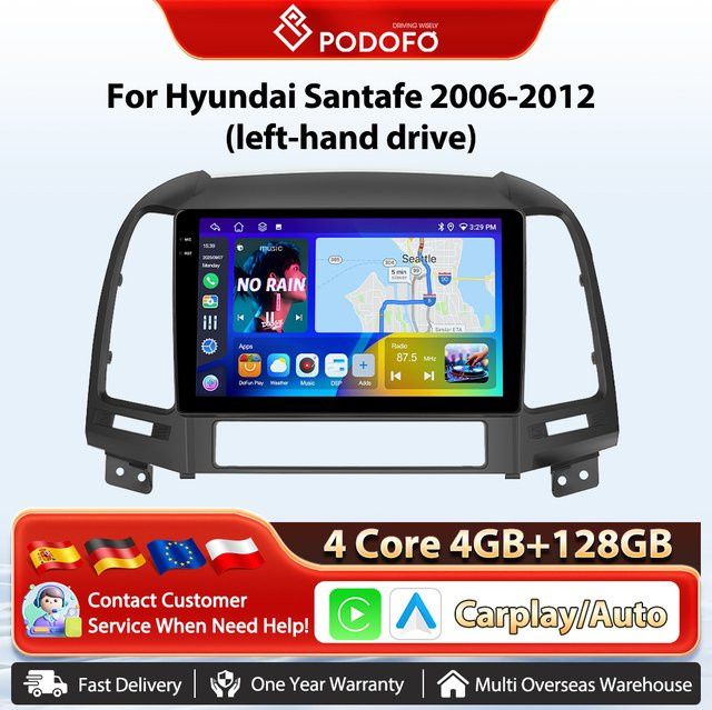 Podofo 9 Zoll Drahtloses CarPlay Autoradio für Hyundai Santa Fe 2006-2012 mit Android GPS Navigation und WIFI in Schwarz - Bild 1