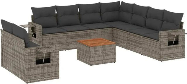 vidaXL 10-teilige Garten-Sofagarnitur aus Poly-Rattan und Akazienholz in Grau mit Kissen - Bild 1