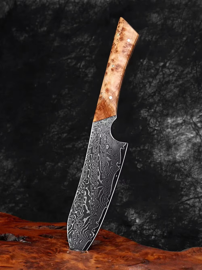 XITUO Japanisches Santoku-Kochmesser aus Damaszenerstahl mit Holzgriff in Silber, Klingenlänge: 12,7 cm - Bild 3