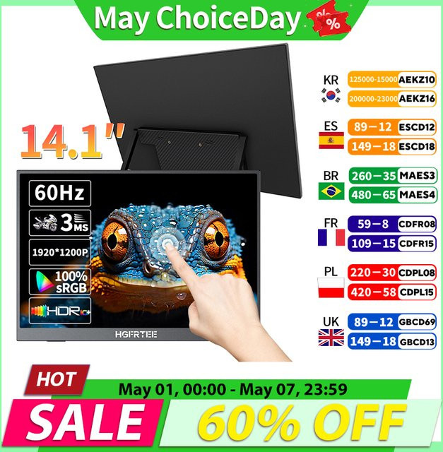 HGFRTEE Tragbarer 14,1 Zoll Monitor mit 10-Punkt-Touchscreen, 1200P IPS Display, 100 % sRGB, Externer Bildschirm in Schwarz für Laptop, Smartphone, Mac und Konsolen - Bild 1