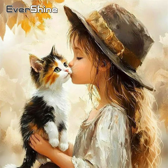 Evershine Mädchen Diamant Malerei, Stickerei Porträt Katze, Mosaik Kit - Bild 1