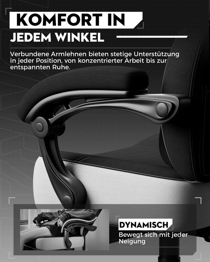 LUCKRACER Gaming Stuhl in Schwarz mit verbundenen Armlehnen, Memory-Schaum-Kissen, Fußstütze und verstellbarem Neigungswinkel von 90–155 Grad - Bild 3