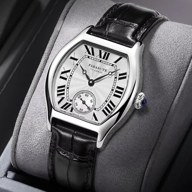 FARASUTE Armbanduhr Herren, Mechanisch, Handaufzug, Tonneau, 36 mm, Edelstahl, Saphirglas, Leder - Bild 1
