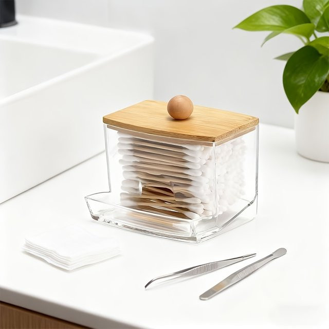 GOT-TOG Wattestäbchen-Spender aus transparentem Kunststoff mit Bambusdeckel, quadratische Aufbewahrungsbox für Wattestäbchen und Zahnstocher - Bild 1