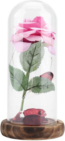 CosyHome Konservierte Rose in Pink mit LED-Licht, Glaskuppel und Holzsockel als dekoratives Geschenk für Valentinstag, Hochzeit oder Jahrestag