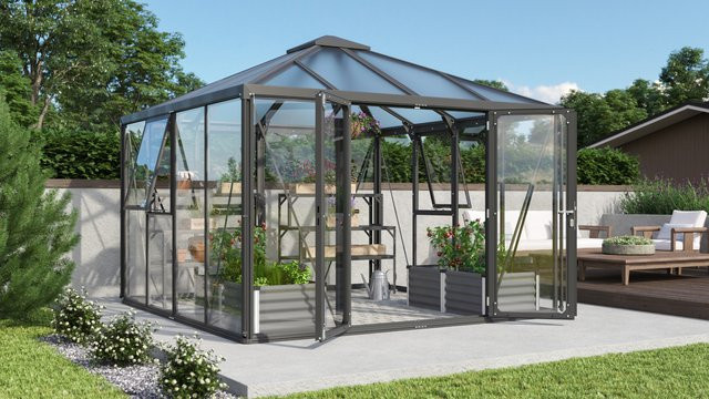 Vitavia Gewächshaus-Pavillon Fortuna in Schwarz mit 3 mm ESG-Glas und 10 mm HKP, 10,2 m² - Bild 1