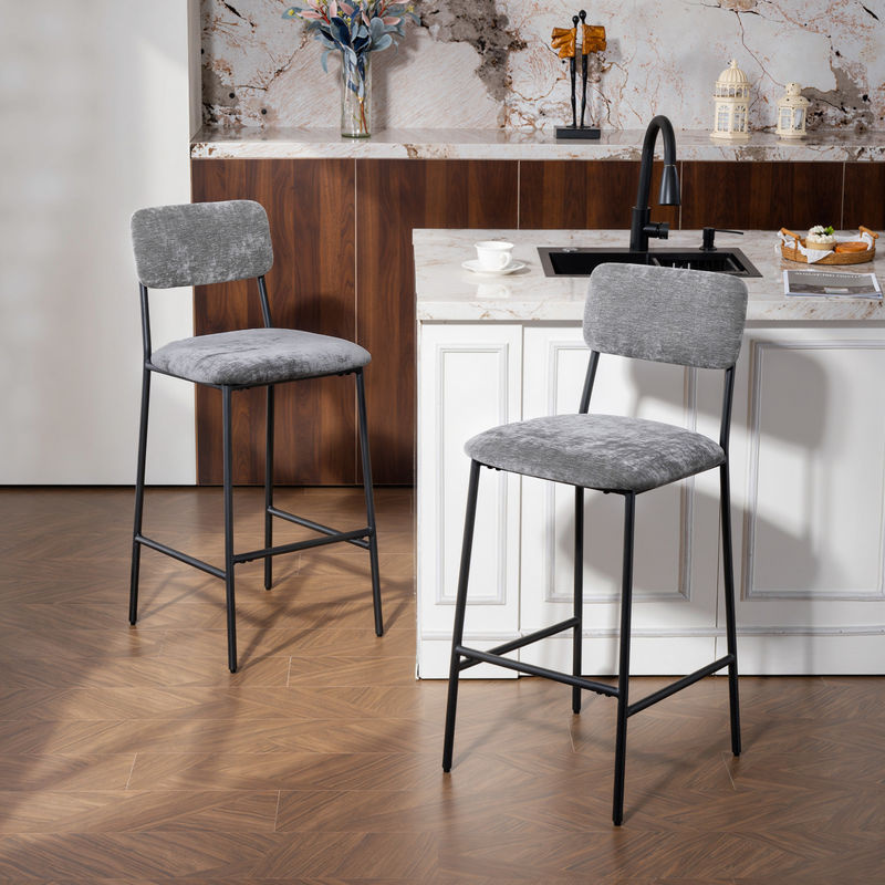 HOMCOM Barhocker 2er Set in Grau mit Chenille-Optik, gepolsterte Barstühle mit Rückenlehne und Fußstütze aus Stahl, Sitzhöhe: 72,5 cm - Bild 2